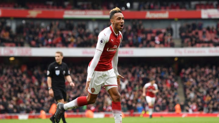 LONDON, ENGLAND - APRIL 01: Pierre-Emerick Aubameyang of Arsenal celebrates after scoring his sides second goal during the Premier League match between Arsenal and Stoke City at Emirates Stadium on April 1, 2018 in London, England. (Photo by Shaun Botterill/Getty Images)