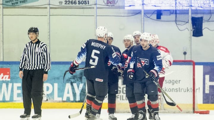 US players celebrate after Will Butcher scored to 1-0 during the Ice Hockey friendly match between Denmark and the United States, Kvik Hockey Arena in Herning, Denmark, on May 1, 2018. (Photo by Bo Amstrup / Ritzau Scanpix / AFP) / Denmark OUT (Photo credit should read BO AMSTRUP/AFP/Getty Images) US players celebrate after Will Butcher scored to 1-0 during the Ice Hockey friendly match between Denmark and the United States, Kvik Hockey Arena in Herning, Denmark, on May 1, 2018. (Photo by Bo Amstrup / Ritzau Scanpix / AFP) / Denmark OUT (Photo credit should read BO AMSTRUP/AFP/Getty Images)