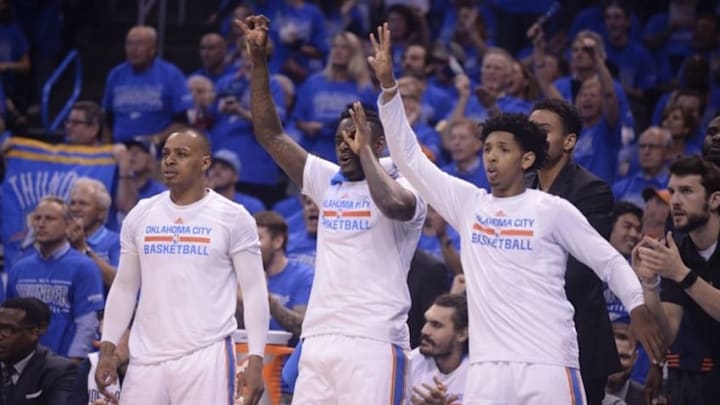 May 28, 2016; Oklahoma City, OK, USA; Oklahoma City Thunder bench reacts during the first quarter against the Golden State Warriors in game six of the Western conference finals of the NBA Playoffs at Chesapeake Energy Arena. Mandatory Credit: Mark D. Smith-USA TODAY Sports