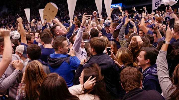 INDIANAPOLIS, IN - DECEMBER 30: Butler Bulldogs fans celebrate on the court after defeating the Villanova Wildcats at Hinkle Fieldhouse on December 30, 2017 in Indianapolis, Indiana. (Photo by Michael Hickey/Getty Images)