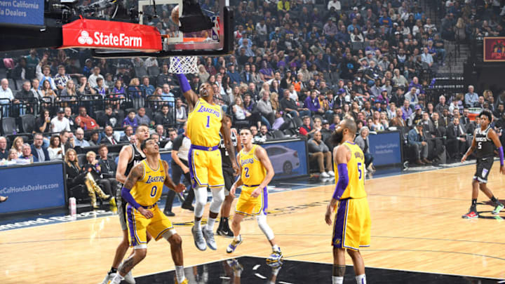 SACRAMENTO, CA - NOVEMBER 10: Kentavious Caldwell-Pope #1 of the Los Angeles Lakers shoots the ball against the Sacramento Kings on November 10, 2018 at Golden 1 Center in Sacramento, California. NOTE TO USER: User expressly acknowledges and agrees that, by downloading and/or using this photograph, user is consenting to the terms and conditions of the Getty Images License Agreement. Mandatory Copyright Notice: Copyright 2018 NBAE (Photo by Andrew D. Bernstein/NBAE via Getty Images)