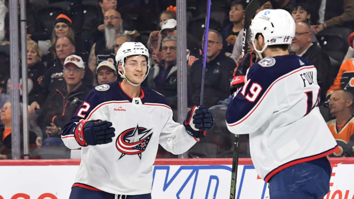 Apr 11, 2023; Philadelphia, Pennsylvania, USA; Columbus Blue Jackets right wing Carson Meyer (72) and center Liam Foudy (19) celebrate goal against the Philadelphia Flyers at Wells Fargo Center. Mandatory Credit: Eric Hartline-USA TODAY Sports