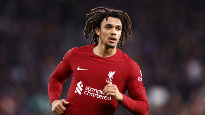 WOLVERHAMPTON, ENGLAND - FEBRUARY 04: Trent Alexander-Arnold of Liverpool looks on with his team mates during the Premier League match between Wolverhampton Wanderers and Liverpool FC at Molineux on February 04, 2023 in Wolverhampton, England. (Photo by Naomi Baker/Getty Images)
