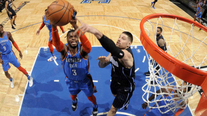 ORLANDO, FL - JANUARY 29: Nerlens Noel #3 of the Oklahoma City Thunder rebounds the ball against the Orlando Magic on January 29, 2019 at Amway Center in Orlando, Florida. NOTE TO USER: User expressly acknowledges and agrees that, by downloading and/or using this photograph, user is consenting to the terms and conditions of the Getty Images License Agreement. Mandatory Copyright Notice: Copyright 2019 NBAE (Photo by Fernando Medina/NBAE via Getty Images)