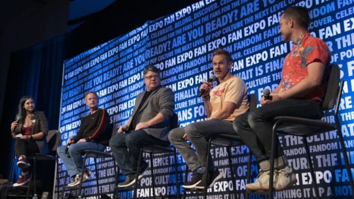 DENVER, COLORADO - JULY 02: (L-R) FanExpo moderator Dee Richards, Billy Boyd, Sean Astin, Dominic Monaghan and Elijah Wood of "The Lord of the Rings Trilogy" and "The Hobbit" on stage at the Fan Expo Denver 2022 at Colorado Convention Center on July 02, 2022 in Denver, Colorado. (Photo by Thomas Cooper/Getty Images)