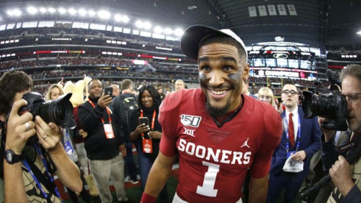 ARLINGTON, TX - DECEMBER 07: Jalen Hurts #1 of the Oklahoma Sooners celebrates the teams win over the Baylor Bears following the Big 12 Football Championship at AT&T Stadium on December 7, 2019 in Arlington, Texas. Oklahoma won 30-23. (Photo by Ron Jenkins/Getty Images)