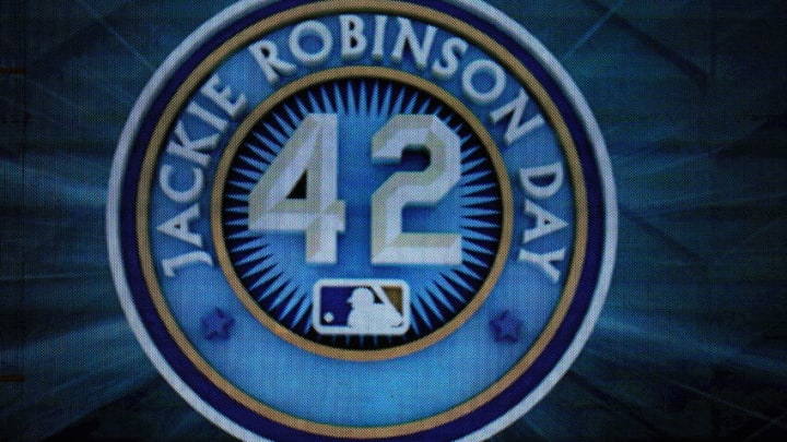 Apr 16, 2021; Miami, Florida, USA; A detailed view of the Jackie Robinson day logo on the video board prior to the game between the Miami Marlins and the San Francisco Giants at loanDepot park. Mandatory Credit: Jasen Vinlove-USA TODAY Sports