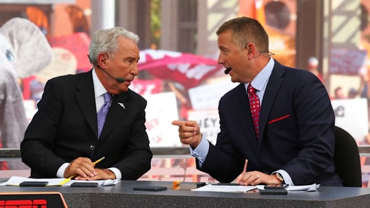 Sep 5, 2015; Fort Worth, TX, USA; Lee Corso and Kirk Herbstreit during the live broadcast of ESPN College GameDay at Sundance Square. Mandatory Credit: Ray Carlin-USA TODAY Sports