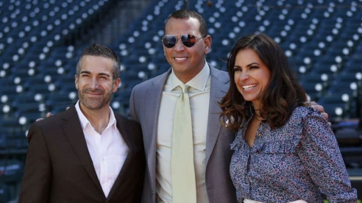 HOUSTON, TX - APRIL 15: Former New York Yankees player and ESPN commentator Alex Rodriguez (C), Jessica Mendoza and Matt Vasgersian pose at Minute Maid Park on April 15, 2018 in Houston, Texas. (Photo by Bob Levey/Getty Images)