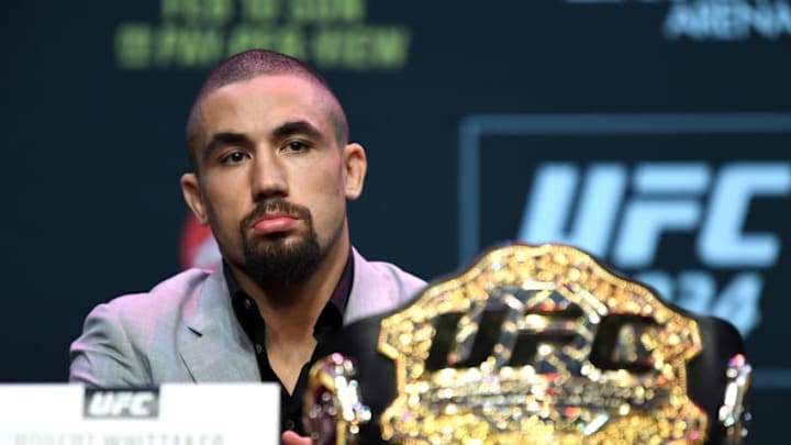 MELBOURNE, AUSTRALIA - FEBRUARY 8: UFC middleweight champion Robert Whittaker of Australia speaks to the media during the UFC 234 Press Conference inside The Palms at Crown on February 8, 2019 in Melbourne, Australia. (Photo by Jeff Bottari/Zuffa LLC/Zuffa LLC via Getty Images)