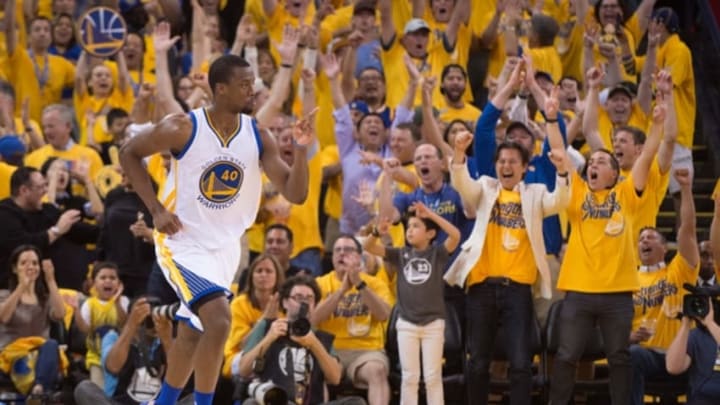 May 30, 2016; Oakland, CA, USA; Golden State Warriors forward Harrison Barnes (40) celebrates after making a three-point basket during the third quarter in game seven of the Western conference finals of the NBA Playoffs against the Oklahoma City Thunder at Oracle Arena. The Warriors defeated the Thunder 96-88. Mandatory Credit: Kyle Terada-USA TODAY Sports