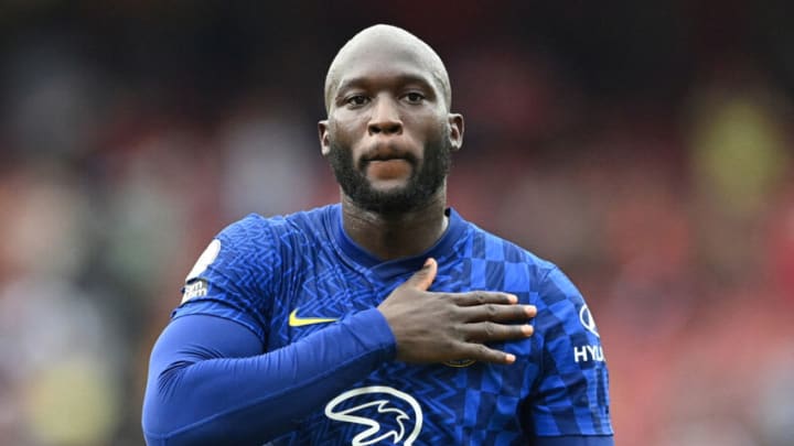 Chelsea's Belgian striker Romelu Lukaku gestures toward supporters at the end of the match during the English Premier League football match between Arsenal and Chelsea at the Emirates Stadium in London on August 22, 2021. - Chelsea won the game 2-0. - RESTRICTED TO EDITORIAL USE. No use with unauthorized audio, video, data, fixture lists, club/league logos or 'live' services. Online in-match use limited to 120 images. An additional 40 images may be used in extra time. No video emulation. Social media in-match use limited to 120 images. An additional 40 images may be used in extra time. No use in betting publications, games or single club/league/player publications. (Photo by JUSTIN TALLIS / AFP) / RESTRICTED TO EDITORIAL USE. No use with unauthorized audio, video, data, fixture lists, club/league logos or 'live' services. Online in-match use limited to 120 images. An additional 40 images may be used in extra time. No video emulation. Social media in-match use limited to 120 images. An additional 40 images may be used in extra time. No use in betting publications, games or single club/league/player publications. / RESTRICTED TO EDITORIAL USE. No use with unauthorized audio, video, data, fixture lists, club/league logos or 'live' services. Online in-match use limited to 120 images. An additional 40 images may be used in extra time. No video emulation. Social media in-match use limited to 120 images. An additional 40 images may be used in extra time. No use in betting publications, games or single club/league/player publications. (Photo by JUSTIN TALLIS/AFP via Getty Images)