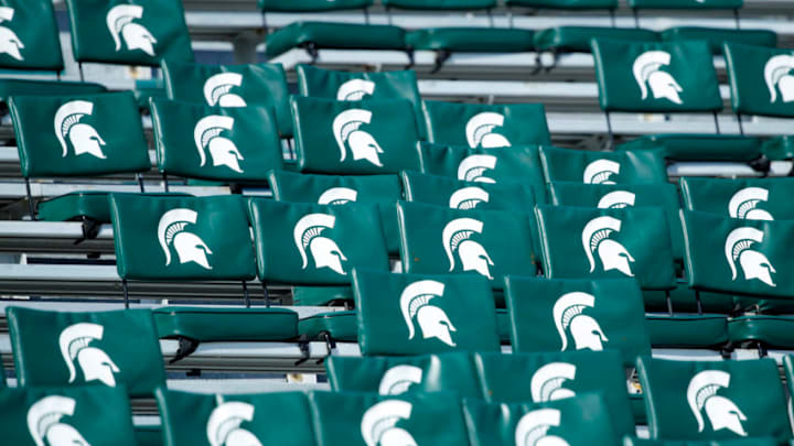 EAST LANSING, MI - SEPTEMBER 14: General view of Michigan State Spartans logos on seat cushions as seen prior to a game against the Arizona State Sun Devils at Spartan Stadium on September 14, 2019 in East Lansing, Michigan. Arizona State defeated Michigan State 10-7. (Photo by Joe Robbins/Getty Images)