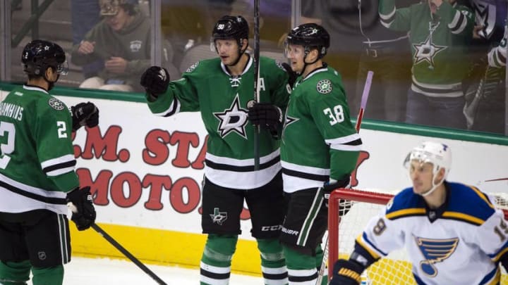 Dec 20, 2016; Dallas, TX, USA; Dallas Stars center Jason Spezza (90) and defenseman Dan Hamhuis (2) and left wing Lauri Korpikoski (38) celebrate a goal by Spezza against the St. Louis Blues during the second period at the American Airlines Center. Mandatory Credit: Jerome Miron-USA TODAY Sports
