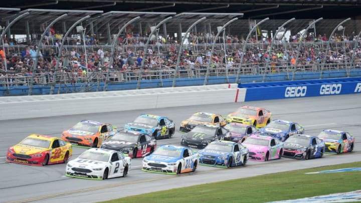 TALLADEGA, AL - OCTOBER 15: Brad Keselowski, driver of the #2 Miller Lite Ford, and Joey Logano, driver of the #22 Shell Pennzoil Ford, lead a pack of cars during the Monster Energy NASCAR Cup Series Alabama 500 at Talladega Superspeedway on October 15, 2017 in Talladega, Alabama. (Photo by Jared C. Tilton/Getty Images)