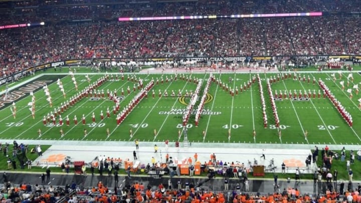 Jan 11, 2016; Glendale, AZ, USA; Alabama Crimson Tide marching band performs prior to the game against the Clemson Tigers in the 2016 CFP National Championship at University of Phoenix Stadium. Mandatory Credit: Gary Vasquez-USA TODAY Sports