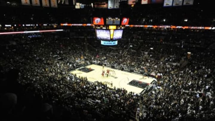 Jun 5, 2014; San Antonio, TX, USA; A general view of the tip-off for the game with the San Antonio Spurs playing against the Miami Heat in game one of the 2014 NBA Finals at AT&T Center. Mandatory Credit: Brendan Maloney-USA TODAY Sports