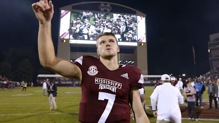 STARKVILLE, MS - OCTOBER 27: Nick Fitzgerald #7 of the Mississippi State Bulldogs celebrates after a game against Texas A&M Aggies at Davis Wade Stadium on October 27, 2018 in Starkville, Mississippi. (Photo by Jonathan Bachman/Getty Images)