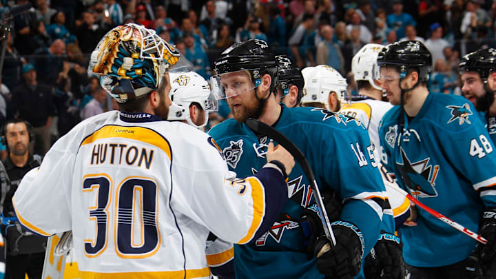 SAN JOSE, CA – MAY 12: Nick Spaling of the San Jose Sharks, Carter Hutton of the Nashville Predators  (Photo by Rocky W. Widner/NHL/Getty Images)