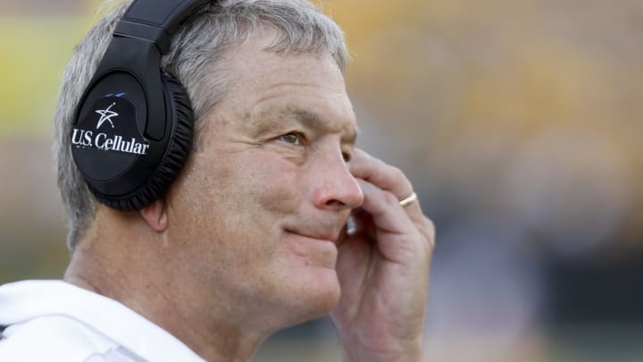 IOWA CITY, IOWA- SEPTEMBER 01: Head coach Kirk Ferentz of the Iowa Hawkeyes smiles late in the match-up against the Northern Illinois Huskies on September 1, 2018 at Kinnick Stadium, in Iowa City, Iowa. The win made Ferentz the winningest coach in Iowa football history with 144 wins. (Photo by Matthew Holst/Getty Images)