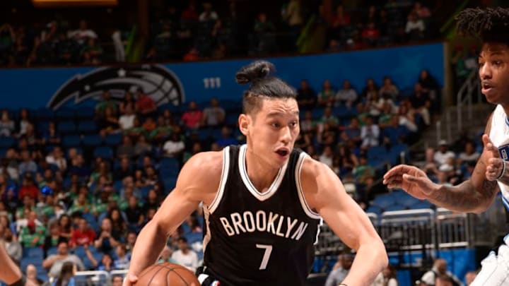 ORLANDO, FL - APRIL 6: Jeremy Lin #7 of the Brooklyn Nets drives to the basket against the Orlando Magic during the game on April 6, 2017 at Amway Center in Orlando, Florida. NOTE TO USER: User expressly acknowledges and agrees that, by downloading and or using this photograph, User is consenting to the terms and conditions of the Getty Images License Agreement. Mandatory Copyright Notice: Copyright 2017 NBAE (Photo by Gary Bassing/NBAE via Getty Images)