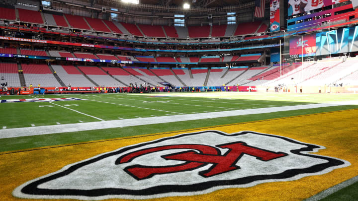 GLENDALE, ARIZONA – FEBRUARY 12: The Kansas City Chiefs logo is seen painted on the end zone before Super Bowl LVII between the Kansas City Chiefs and the Philadelphia Eagles at State Farm Stadium on February 12, 2023 in Glendale, Arizona. (Photo by Christian Petersen/Getty Images)