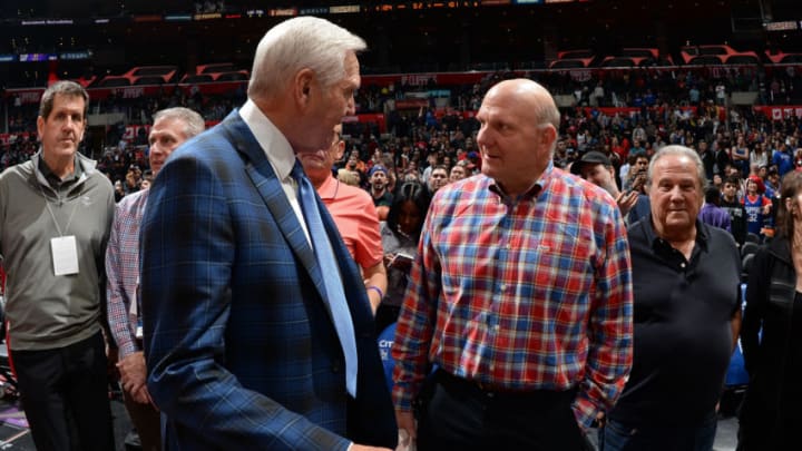 LOS ANGELES, CA - FEBRUARY 5: Chip West and Steve Ballmer talks prior to the game between the Dallas Mavericks and LA Clippers on February 5, 2018 at STAPLES Center in Los Angeles, California. NOTE TO USER: User expressly acknowledges and agrees that, by downloading and/or using this Photograph, user is consenting to the terms and conditions of the Getty Images License Agreement. Mandatory Copyright Notice: Copyright 2018 NBAE (Photo by Andrew D. Bernstein/NBAE via Getty Images)