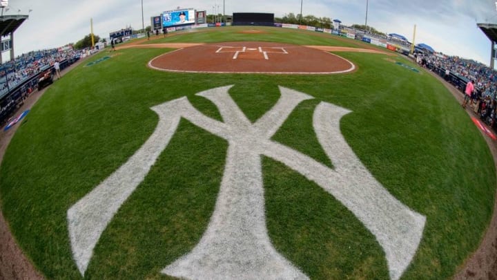 Mar 18, 2016; Tampa, FL, USA; A view of the field and the New York Yankees logo before the game between the Yankees and the Baltimore Orioles at George M. Steinbrenner Field. The Orioles defeat the Yankees 11-2. Mandatory Credit: Jerome Miron-USA TODAY Sports