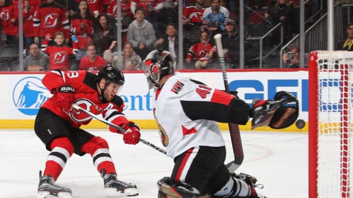 NEWARK, NEW JERSEY - DECEMBER 21: Taylor Hall #9 of the New Jersey Devils his second goal of the second period at 5:19 against the Craig Anderson #41 of the Ottawa Senators at the Prudential Center on December 21, 2018 in Newark, New Jersey. (Photo by Bruce Bennett/Getty Images)