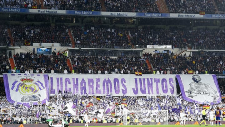 MADRID, SPAIN - MARCH 01: Fans of Real Madrid shows a banner prior to the Liga match between Real Madrid CF and FC Barcelona at Estadio Santiago Bernabeu on March 01, 2020 in Madrid, Spain. (Photo by Mateo Villalba/Quality Sport Images/Getty Images)