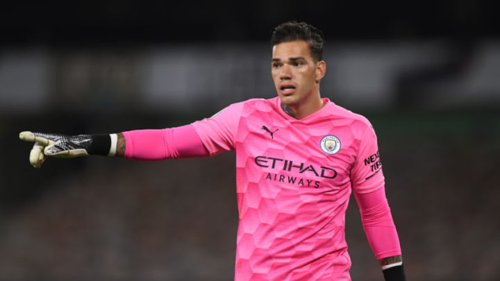 WOLVERHAMPTON, ENGLAND - SEPTEMBER 21: Ederson of Manchester City during the Premier League match between Wolverhampton Wanderers and Manchester City at Molineux on September 21, 2020 in Wolverhampton, United Kingdom. (Photo by Sam Bagnall - AMA/Getty Images)