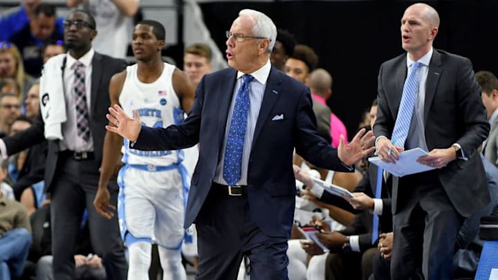 Dec 17, 2016; Las Vegas, NV, USA; North Carolina Tar Heels head coach Roy Williams reacts to a play on the floor during a game against the Kentucky Wildcats at T-Mobile Arena. Mandatory Credit: Stephen R. Sylvanie-USA TODAY Sports