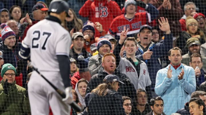 BOSTON - APRIL 10: Boston Red Sox fans reacts after New York Yankees' Giancarlo Stanton strikes out for the second time in the game. The Boston Red Sox host the New York Yankees in a regular season MLB baseball game at Fenway Park in Boston on April 10, 2018. (Photo by Jim Davis/The Boston Globe via Getty Images)