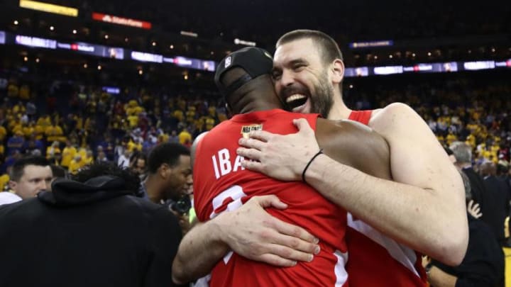 Serge Ibaka #9 and Marc Gasol #33 of the Toronto Raptors. (Photo by Ezra Shaw/Getty Images)