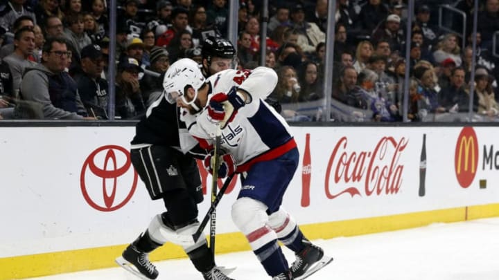LOS ANGELES, CA - FEBRUARY 18: Los Angeles Kings defenceman Matt Roy (81) battles Washington Capitals right wing Tom Wilson (43) for the puck during the game on February 18, 2019, at Staples Center in Los Angeles, CA. (Photo by Adam Davis/Icon Sportswire via Getty Images)