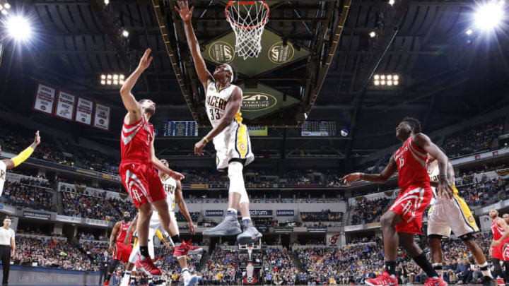 INDIANAPOLIS, IN - JANUARY 29: Myles Turner #33 of the Indiana Pacers blocks a shot against Ryan Anderson #3 of the Houston Rockets in the second half of the game at Bankers Life Fieldhouse on January 29, 2017 in Indianapolis, Indiana. The Pacers defeated the Rockets 120-101. NOTE TO USER: User expressly acknowledges and agrees that, by downloading and or using the photograph, User is consenting to the terms and conditions of the Getty Images License Agreement. (Photo by Joe Robbins/Getty Images)