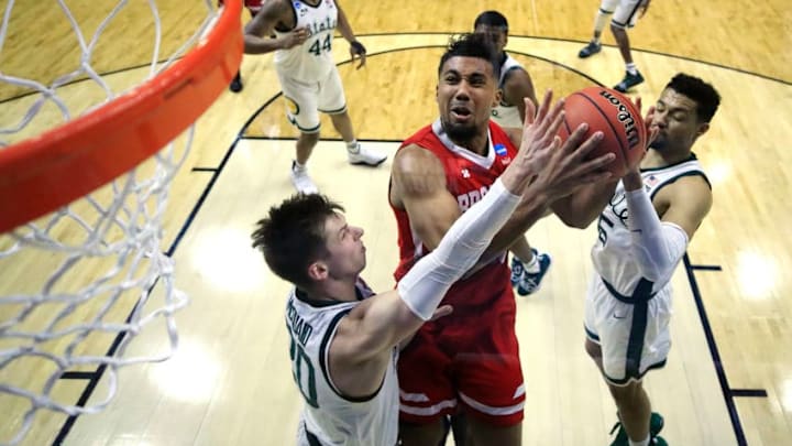 DES MOINES, IOWA - MARCH 21: Dwayne Lautier-Ogunleye #23 of the Bradley Braves goes up for a shot against the Michigan State Spartans during their game in the First Round of the NCAA Basketball Tournament at Wells Fargo Arena on March 21, 2019 in Des Moines, Iowa. (Photo by Andy Lyons/Getty Images)