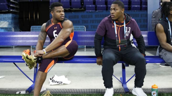 INDIANAPOLIS, IN – MARCH 01: Running backs Damien Harris (left) and Josh Jacobs of Alabama look on during day two of the NFL Combine at Lucas Oil Stadium on March 1, 2019 in Indianapolis, Indiana. (Photo by Joe Robbins/Getty Images)