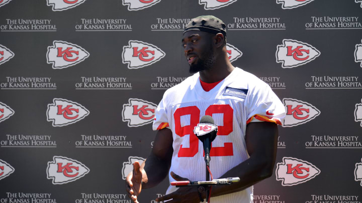 May 6, 2017; Kansas City, MO, USA; Kansas City Chiefs defensive lineman Tanoh Kpassagnon (92) speaks to media during the rookie mini camp at the University of Kansas Hospital Training Complex. Mandatory Credit: Denny Medley-USA TODAY Sports