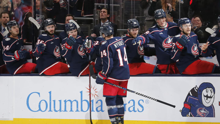 Jan 21, 2023; Columbus, Ohio, USA; Columbus Blue Jackets center Gustav Nyquist (14) celebrates with teammates after a goal against the San Jose Sharks during the third period at Nationwide Arena. Mandatory Credit: Russell LaBounty-USA TODAY Sports
