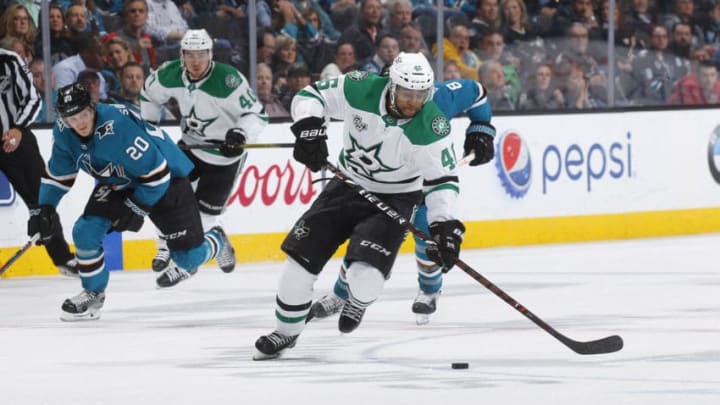 SAN JOSE, CA - APRIL 03: Gemel Smith #46 of the Dallas Stars skates with the puck against the San Jose Sharks at SAP Center on April 3, 2018 in San Jose, California. (Photo by Rocky W. Widner/NHL/Getty Images) *** Local Caption *** Gemel Smith