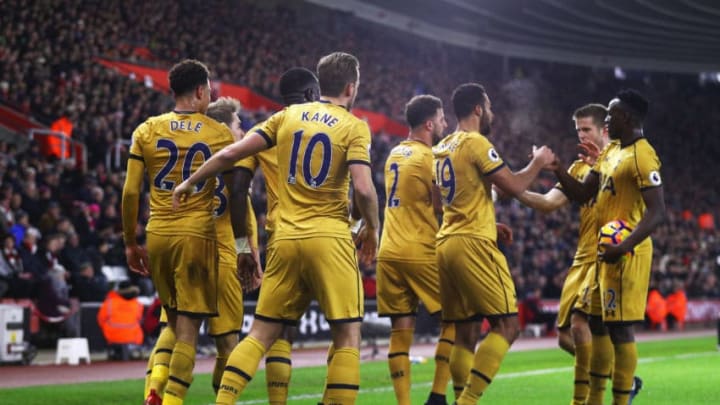 SOUTHAMPTON, ENGLAND - DECEMBER 28: Dele Alli of Tottenham Hotspur (20) celebrates with team mates as he scores their first and equalising goal during the Premier League match between Southampton and Tottenham Hotspur at St Mary's Stadium on December 28, 2016 in Southampton, England. (Photo by Ian Walton/Getty Images)