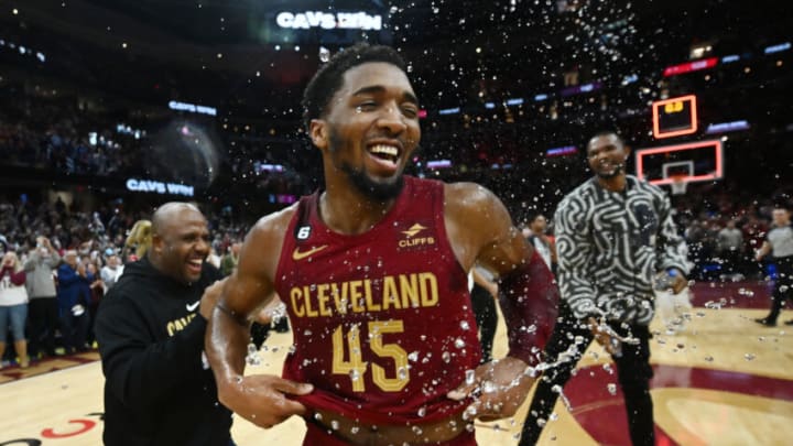 Jan 2, 2023; Cleveland, Ohio, USA; Cleveland Cavaliers guard Donovan Mitchell (45) celebrates after scoring 71 points to set the franchise record as the Cavaliers beat the Chicago Bulls at Rocket Mortgage FieldHouse. Mandatory Credit: Ken Blaze-USA TODAY Sports