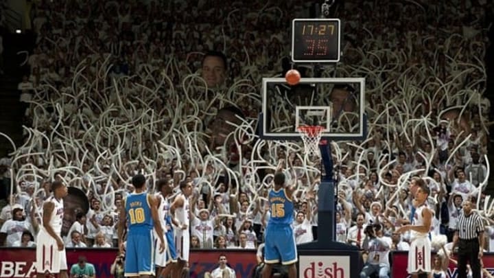 Jan 24, 2013; Tucson, AZ, USA; UCLA Bruins guard/forward Shabazz Muhammad (15) shoots a free throw during the second half against the Arizona Wildcats at McKale Center. The Bruins beat the Wildcats 84-73. Mandatory Credit: Casey Sapio-USA TODAY Sports