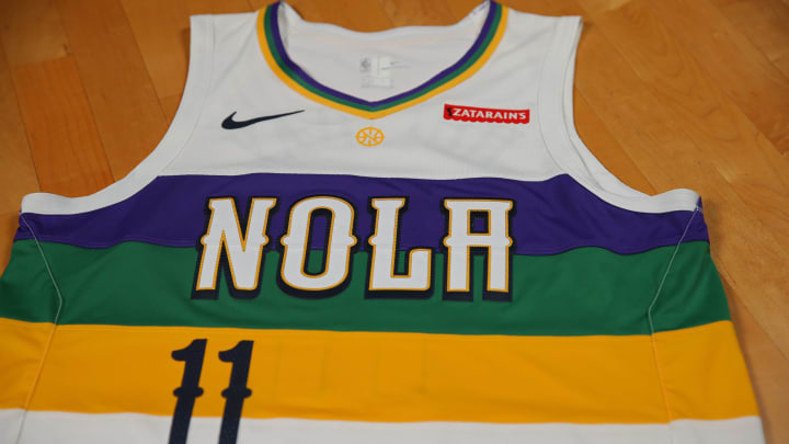 NEW ORLEANS, LA – NOVEMBER 9: A detailed view of the New Orleans Pelicans Nike city edition uniform during a shoot at the Smoothie King Center in New Orleans, Louisiana on November 9, 2018. NOTE TO USER: User expressly acknowledges and agrees that, by downloading and or using this Photograph, user is consenting to the terms and conditions of the Getty Images License Agreement. Mandatory Copyright Notice: Copyright 2018 NBAE (Photo by Layne Murdoch Jr./NBAE via Getty Images