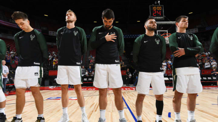 Las Vegas, NV - JULY 5: The Milwaukee Bucks stands for the National Anthem before the game against the Philadelphia 76ers during Day 1 of the 2019 Las Vegas Summer League on July 3, 2019 at the Thomas & Mack Center in Las Vegas, Nevada. NOTE TO USER: User expressly acknowledges and agrees that, by downloading and or using this Photograph, user is consenting to the terms and conditions of the Getty Images License Agreement. Mandatory Copyright Notice: Copyright 2019 NBAE (Photo by Garrett Ellwood/NBAE via Getty Images)