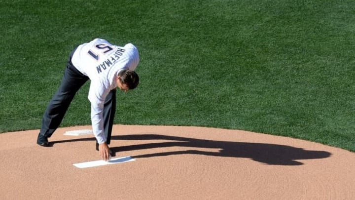 Jul 12, 2016; San Diego, CA, USA; San Diego Padres former closer Trevor Hoffman places the game ball on the mound before the 2016 MLB All Star Game at Petco Park. Mandatory Credit: Jake Roth-USA TODAY Sports
