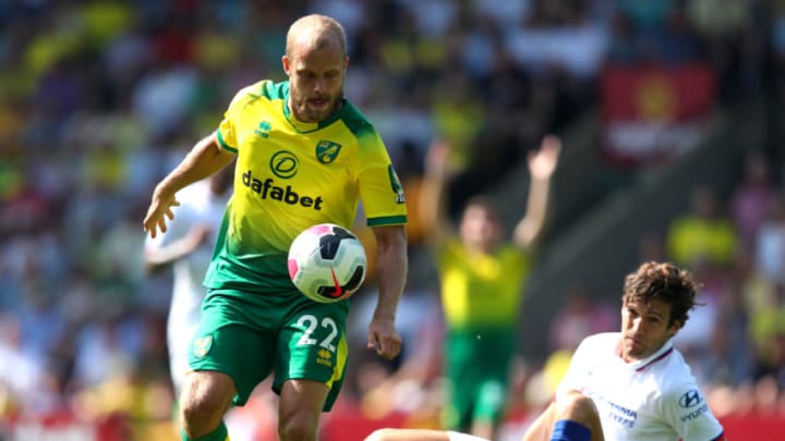 NORWICH, ENGLAND - AUGUST 24: Teemu Pukki of Norwich City controls the ball during the Premier League match between Norwich City and Chelsea FC at Carrow Road on August 24, 2019 in Norwich, United Kingdom. (Photo by Catherine Ivill/Getty Images)