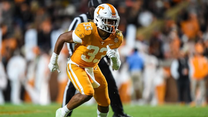 Nov 27, 2021; Knoxville, Tennessee, USA; Tennessee Volunteers linebacker Jeremy Banks (33) during the second half against the Vanderbilt Commodores at Neyland Stadium. Mandatory Credit: Bryan Lynn-USA TODAY Sports