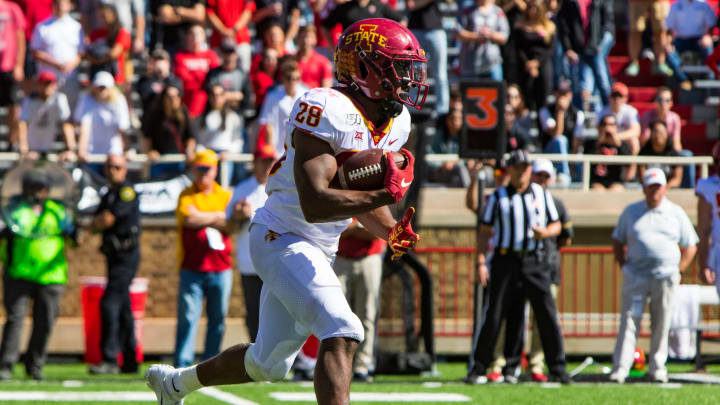 Running back Breece Hall #28 of the Iowa State Cyclones. (Photo by John E. Moore III/Getty Images)